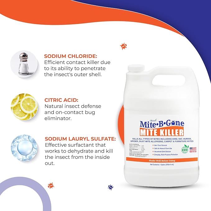 Mite Killer Treatment Spray Pack by Mite-B-Gone | Kills All Types of Mites, Dust, Spider, Rat, Carpet & Bird Mites | Safe for Homes, Furniture & Pets | Non-Toxic | Kid & Pet Friendly | 1 Gal 4-Pack