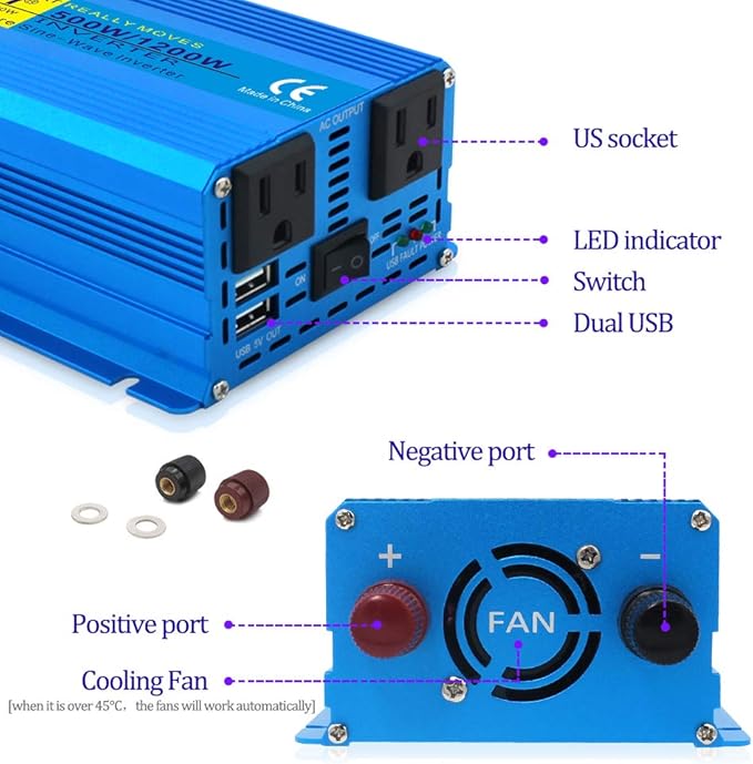 LVYUAN 500 watts 1000 (Peak) Pure Sine Wave Car Power Inverter 24V DC to 110V/120V AC Converter with 2 sockets and USB Port for Car Truck Family Solar System,RV, Truck,Road Trip