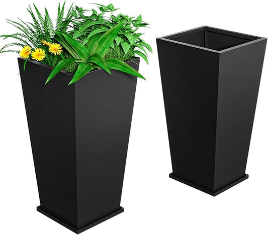 Tall Metal Planter Box, 15" L x 15" W x 30" H 2-Pack Outdoor Planters with Removable Tray, Heavy Duty Steel Front Porch Planters for Patio, Balcony, Indoor(Black)