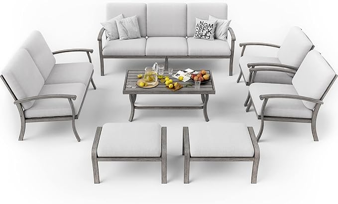 HAPPATIO 7 Piece Aluminum Patio Furniture Set, 3-Seat Outdoor Loveseat, Outdoor Sectional Sofa with Ottomans and Coffee Table, Garden Conversation Set with Armchairs for Lawn Deck (Gray)