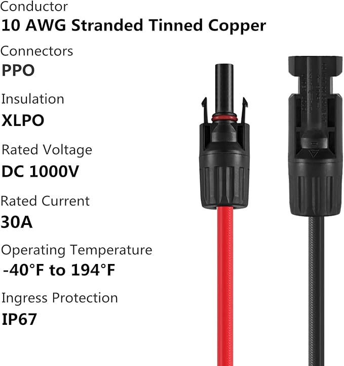 SOYAN 3.3 Feet 10AWG Solar Extension Cables Fitted with Connectors (Red & Black)