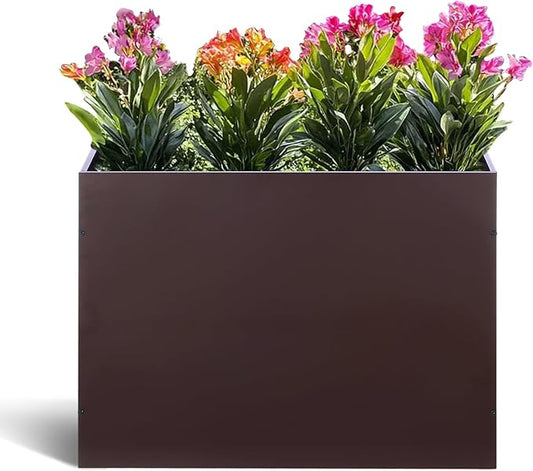 BAYN Metal Rectangular Planter Box Tall Planters for Outdoor Plants Modern Heavy Duty with Drainage Holes for Outside Indoor Patio Deck - Brown, 32”x 12”x 24”