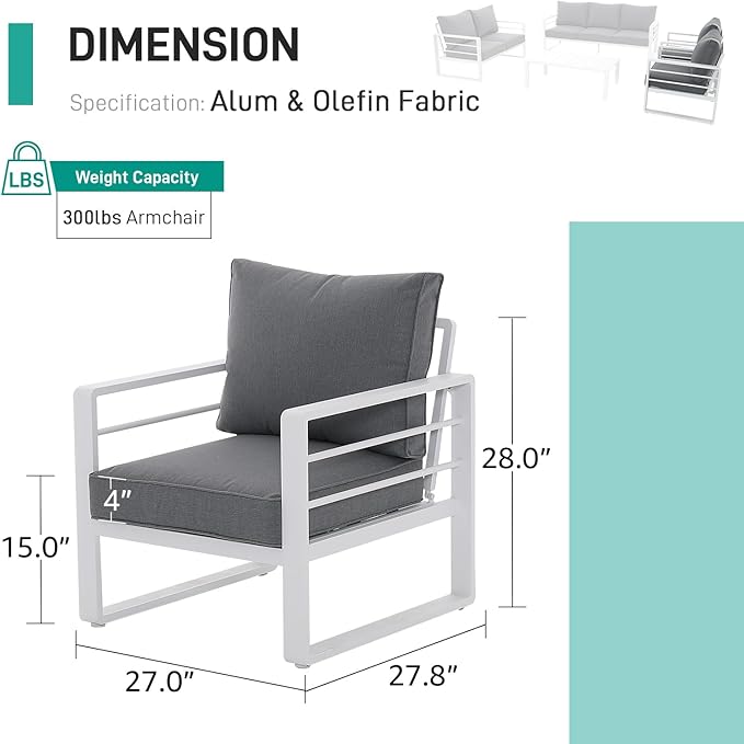 Patiorama Aluminum Patio Furniture Set, 2 PCS Outdoor Armchairs Single Sofa Couch, All Weather White Metal Chair with Olefin Cushion, Deep Seating, 300 lbs Capacity, Deck, Garden-Grey Cushion