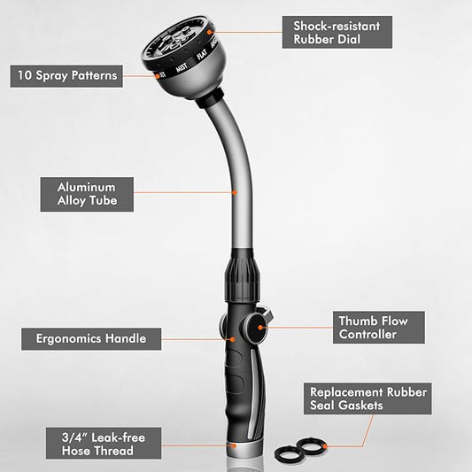RESTMO Watering Wand Heavy Duty, Metal Garden Hose Wand with Thumb Flow Control, 15-Inch Long Hose Nozzle Sprayer with 10 Spray Patterns, Ideal to Water Hanging Baskets and Shrubs, Silver