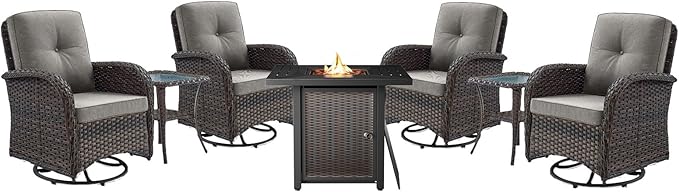 Belord 7-Piece Modern Brown Wicker Patio Conversation Set - 4 Swivel Glider Chairs, 2 Side Tables & 30" 50,000 BTU Propane Fire Pit Table