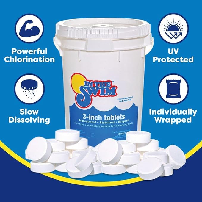 In The Swim Chlorine-Free Shock & Chlorine Tablets Bundle: 24 x 1 Pound Bags & 25 Pound Bucket of 3 Inch Stabilized Tablets