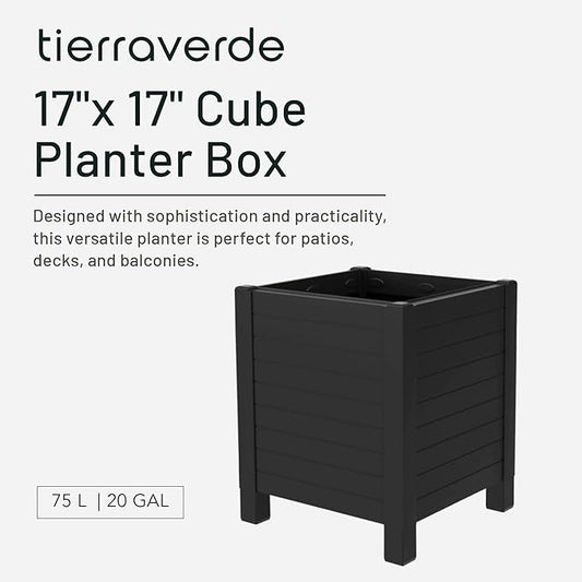 Tierra Verde 17-Inch x 17-Inch Flora Cube Planter Box with Tool-Free Connect System and Crafted from Recycled Materials, for Patios or Decks, Black