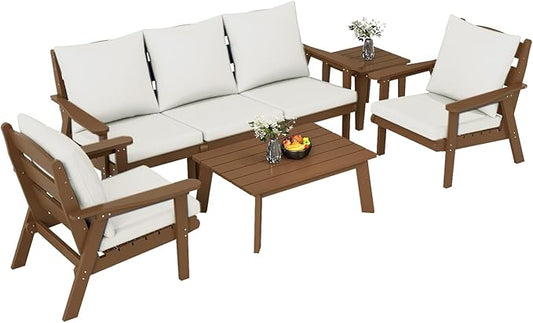 FOOWIN 7-Piece Patio Furniture Set, HDPE All-Weather Outdoor Conversation Set with Thick Cushions, Sectional Patio Sofa Furniture for Deck, Porch, Lawn, Garden, Brown Frame & White Cushion