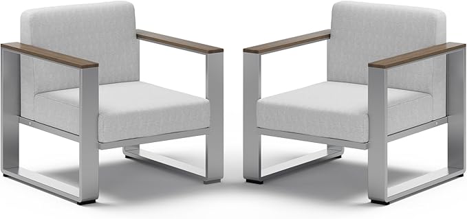 Aluminum Outdoor Patio Furniture, 2 Pieces Armchairs, All-Weather Metal Modern Outside Single Sofa for Deck, Porch (LightGray)