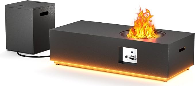 48 inch Propane Fire Pit Table LED, 2 in 1 Rectangular Outdoor Fire Pit with 20lb Tank Cover, Outside Patio Deck and Garden, Gas Fireplace Table with Lid and Stone, 50,000 BTU Adjustable Flame
