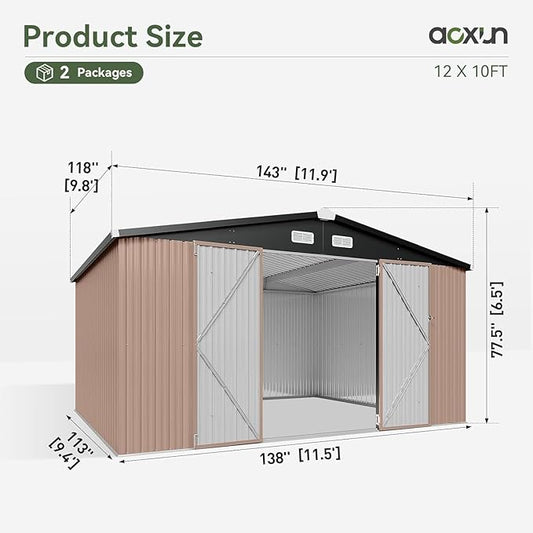 Aoxun 12x10 FT Shed Outdoor Storage Shed with Large Doors & Galvanized Steel, Large Shed Steel Utility Tool Shed Storage House with Door & Lock, for Patio Lawn Garden Sand, Brown