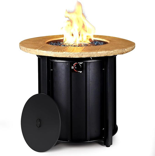 30 Inch Round Propane Fire Pit Table,50000 BTU Outdoor Fire Pit with Automatic Ignition & Lid Cover,Portable Iron Steel Firepit for Patio,Deck,Backyard Garden w Glass Stones & Rain Cover