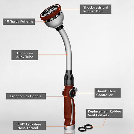 RESTMO Watering Wand Heavy Duty, Metal Garden Hose Wand with 10 Spray Patterns, 15-Inch Long Hose Nozzle Sprayer with Thumb Flow Control, Ideal to Water Hanging Baskets and Shrubs, Red