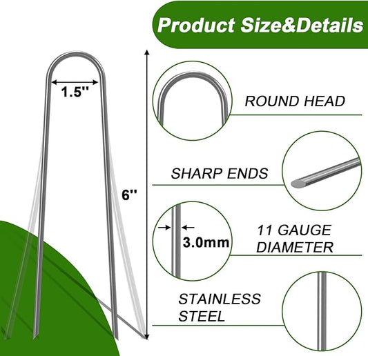 AAGUT Garden Staples 6 Inch Galvanized 100 Pack Round-Top Drip Hose Stakes Irrigation Hooks Heavy Duty 11 Gauge Lawn U Pins Sod Nails for Landscape Fabric, Soaker Hose, Chicken Wire, Dog Fence