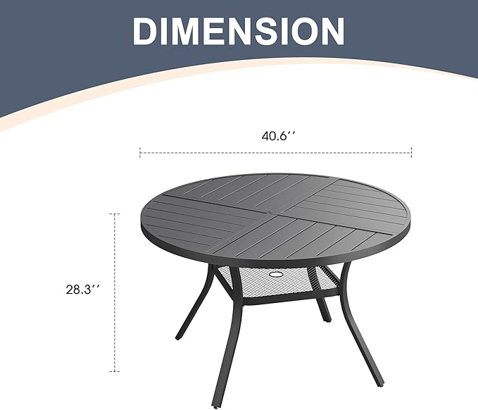 VICLLAX Round Patio Dining Table, 4 Person Metal Outdoor Dining Table with Umbrella Hole and Storage Shelf for Garden Lawn Deck, 40.6" Black
