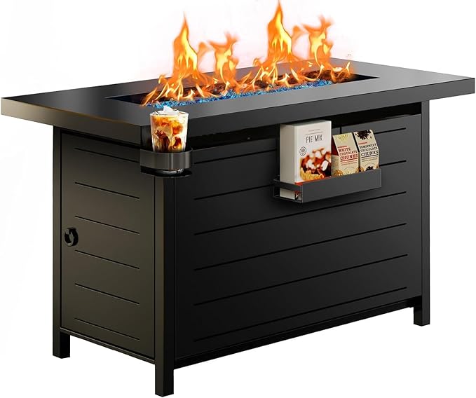 Ciays 43-Inch Propane Fire Pit Table with Glass Beads & Lid, CSA-Certified Gas Fire Pit with Cup Holders, Hanging Shelf & Nylon Cover, Outdoor Fire Pit for Patio & Deck, 60,000 BTU Heat Output