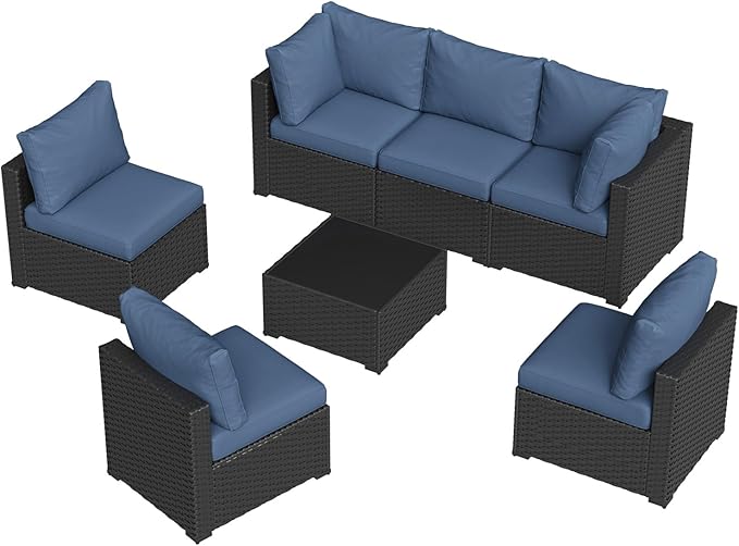 Aoxun 7 Piece Patio Furniture Set Wicker Rattan Patio Sectional Sofa Set Outdoor Seating Furniture with Thickened Cushion, Navy Blue