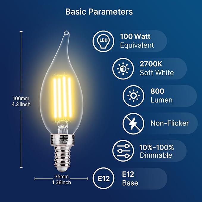 FLSNT Candelabra LED Light Bulbs, CA11 LED E12 Chandelier Light Bulbs 100W Equivalent, 2700K Soft White, 800LM, 5.5W, CRI82+, AC 120V, 12 Pack, Dimmable UL,CA65 Listed.