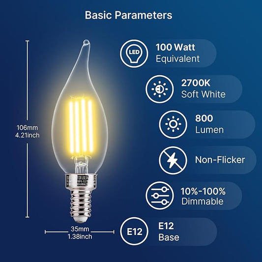 FLSNT Candelabra LED Light Bulbs, CA11 LED E12 Chandelier Light Bulbs 100W Equivalent, 2700K Soft White, 800LM, 5.5W, CRI82+, AC 120V, 12 Pack, Dimmable UL,CA65 Listed.