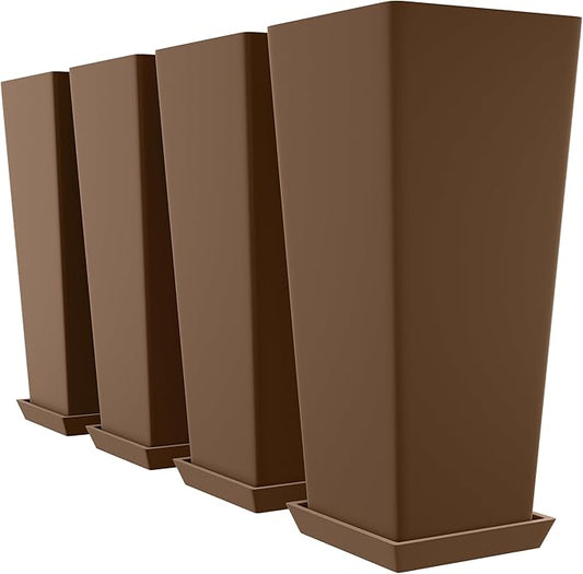 Set of 4 24" Tall Plastic Planters with Trays, Large Tapered Plant Pots for Indoor Outdoor Use, Modern Decorative Planters for Porch, Patio, Garden, and Backyard