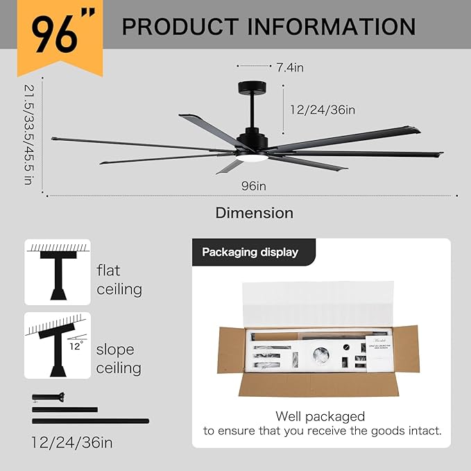 96" Industrial & Commercial HVLS 7 Black Aluminum Blades Ceiling Fan with Light,Works with Alexa,High CFM Brushless Motor,6-Speed,Indoor Outdoor Ceiling Fan for Patio,Garage,Shop,Library