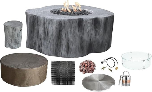 Elementi Lunar Bowl Cast Concrete Fire Table Bundle, Outdoor Fire Pit Fire Table Patio Furniture, Dark Gray (Liquid Propane Gas)