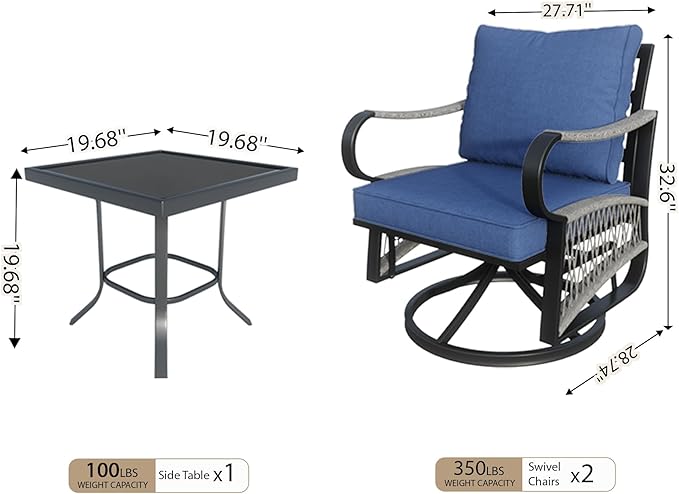 3 Pieces Glider Rocking Chairs, Outdoor Swivel Rocker Chairs with Blue Padded Cushions, Patio Bistro Furniture Set with Side Table for Porch Balcony Backyard Deck Poolside, Blue