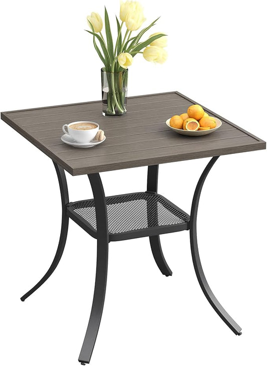 VICLLAX Patio Dining Table, Square Table Metal Outdoor Bistro Table with Rack for Balcony Garden Deck, 28inch Grey
