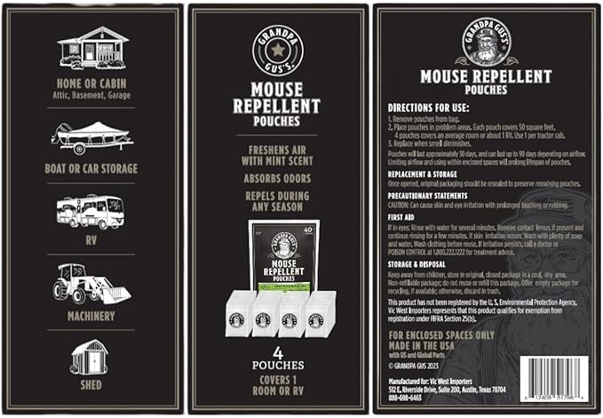 Grandpa Gus’s Extra-Strength Mouse Repellent Pouches, Peppermint & Cinnamon Oil, Natural Rodent Deterrent Control for Garage, RV, Car, Basement, Attic, Storage, 1.75 Oz (Pack of 40)