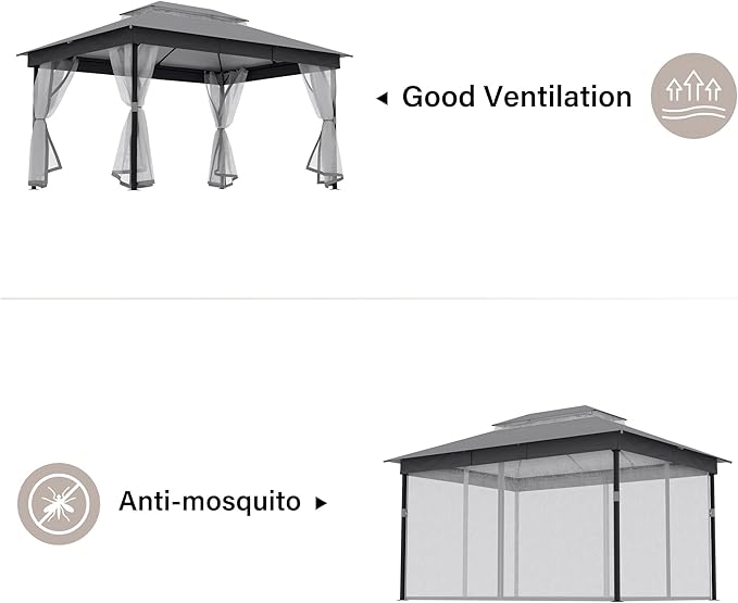 LAUSAINT HOME 10' X 13' Waterproof Patio Gazebo with Mosquito Netting, Double Roof Outdoor Gazebo Pavilion Shelter for Backyard, Garden, Lawn, Wedding (Grey)