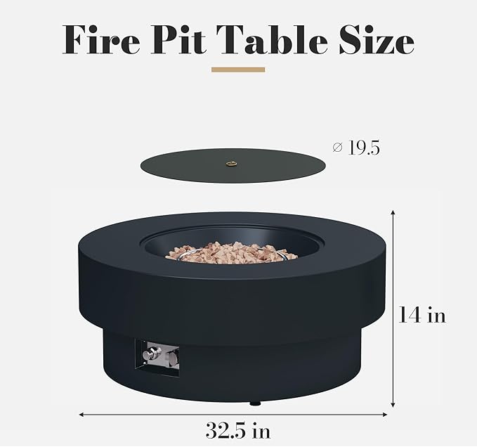 32.5 Inch Propane Fire Pit Table, 50,000 BTU Round Patio Fire Pit Table Outdoor, CSA Certified, Stainless Burner with Steel Lid, Waterproof Cover & Lava Rocks, for Backyard Garden, Black