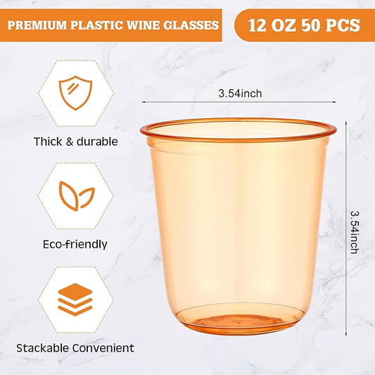 50pcs Disposable Stemless Glasses 12oz Crystal Plastic Wine Glasses Clear Classic Pet Cup for Meeting Weddings Birthdays Cocktail Christmas Party Supplies (Orange)