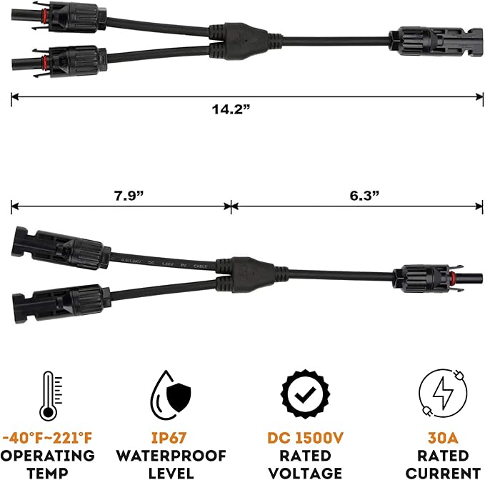 XYRIS Solar Panel Connectors - 1 to 2 Y Branch Parallel Adapter Cable Wire Plug Tool Kit for Solar Panel 1 Pair (M/FF+F/MM)