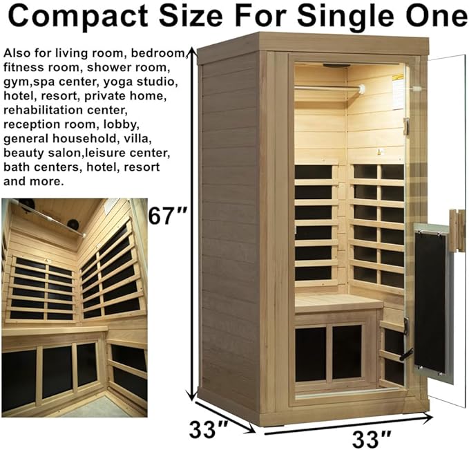 Red Cedar Sauna 1 Person Low EMF Far Infrared Saunas for Home, 1350 watt Indoor Personal Sauna Room with Door Heating Panels, Clothing Hanging Rod, Blue-Tooth Speakers, LED Reading Lamp