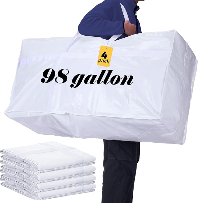 Windyun 4 Pack 98 Gallon Extra Large Storage Bags XXL Moving Bags with Zipper Handles Heavy Duty Jumbo Big Tote Box for Christmas Tree Storage 4, 5, 7.5, 9, 10, 12 ft Skeleton College Dorm(White)