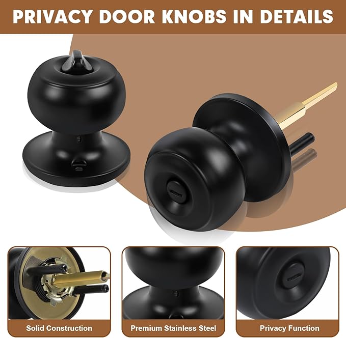 RAZCC Privacy Door Knobs, 4 Pack Matte Black Door Knobs with Lock, Bed and Bath Door Knob Interior Keyless Locksets, Round Door Handles Reversible for Left Right Handed Doors