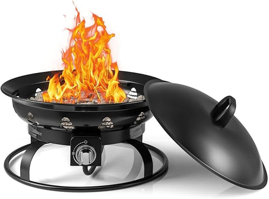 Tangkula Propane Fire Pit, 21 Inch Diameter Patio Portable Fire Bowl with Cover, Igniter & Tank Base Holder, 58,000 BTU Outdoor Gas Firepit with Lava Rock for Camping, Patio, Beach