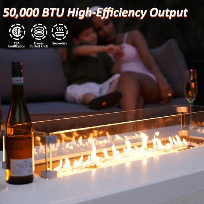 Outdoor Propane Fire Pit Table - 56" White Rectangle Terrazzo Finish Fire Table, Certified, 50000 BTU Stainless Steel Burner with Glass Wind Guard and Tank Table