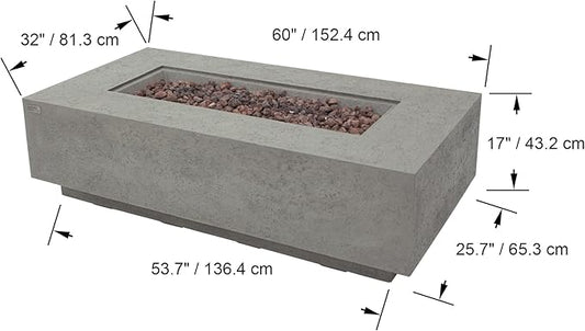 AMS Creations | Madison 60" Rectangular Propane Gas Outdoor Fire Pit Table | Light Gray Concrete GFRC | Limestone Texture or Surface | Electronic Ignition | Outside Backyard Fireplace