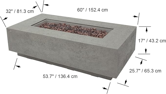 AMS Creations | Madison 60" Bundle Rectangular Natural Gas Outdoor Fire Pit Table | Light Gray Concrete GFRC | Limestone Texture or Surface | Electronic Ignition | Outside Backyard Fireplace
