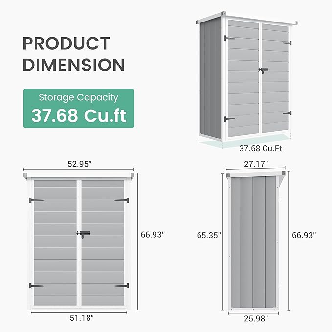 UDPATIO 38 Cu.ft Vertical Storage Shed, 4.3 ft x 5.6 ft Resin Outdoor Shed Waterproof Plastic Storage Cabinet for Garden, Backyard, Lawn, Grey