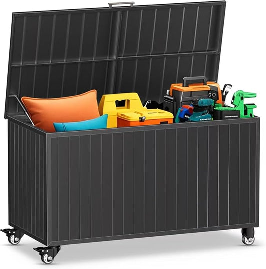 Outdoor Storage Box with Wheels 150 Gallon, Metal Deck Boxes Waterproof, UV Resistant Patio Storage Box with Lid for Patio Furniture, Garden Tools (Black)