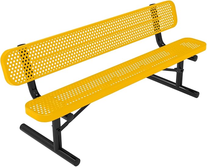 COATEDOUTDOORFURNITURE Coated Outdoor Furniture Heavy-Duty Portable Outdoor Bench Thermoplastic Coated, Punched Steel, Commercial-Grade Seating, Made in America (Portable with Back, 6 Ft, Yellow)