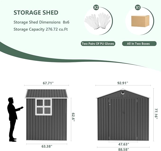 8x6 FTMetal Storage Shed, Outdoor Tool Sheds with Lockable Door & 1 Window, Large Heavy Duty Tool Sheds, Outside Waterproof Storage Building