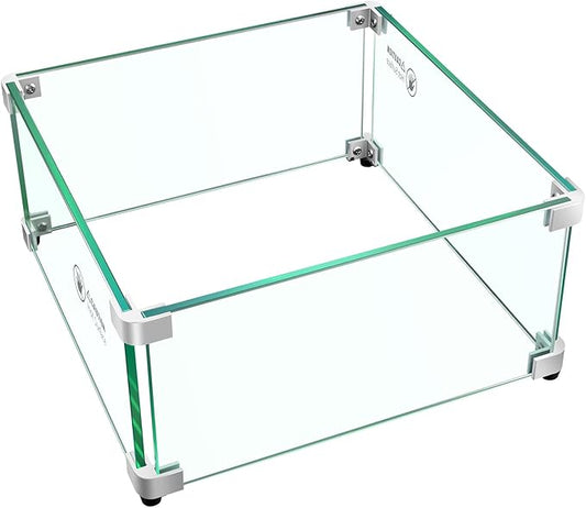 Fire Pit Wind Guard: 15" x 15" x 7" Square Glass Wind Guard for Outdoor Propane/Natural Gas Fire Pit Table, Clear Tempered Glass and Hard Aluminum Corner Brackets, Easy Assembly
