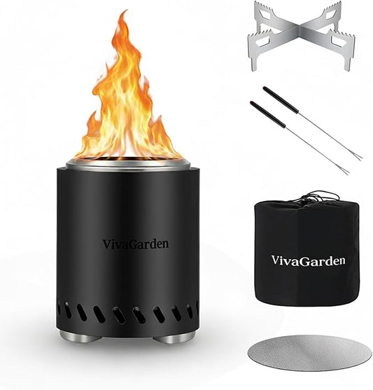 Smokeless Tabletop Fire Pit, VivaGarden Portable Outdoor Fire Pit for Camping, Patio, Backyard, Wood and Pellets Burning Camping Stove with Carry Bag, Forks, Mat and Pot Stand (9.7x7.1 Inch, Black)