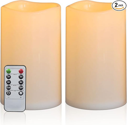 8" x 5" Waterproof Outdoor Flameless Candles Battery Operated LED Flickering Pillar Candles with Remote and Timer for Indoor Outdoor Lanterns, Long Lasting, Ivory White Large, Set of 2