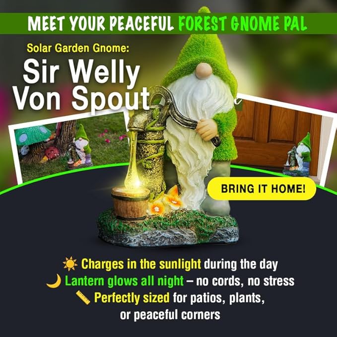 Water Pump Gnome Garden Decor for Yard/Lawn/Patio/Deck - Outdoor Weatherproof Statue with Solar Light - Moss Effect - Fun Spring & Summer Charming Gnomes Gifts for Women (Forest Green)