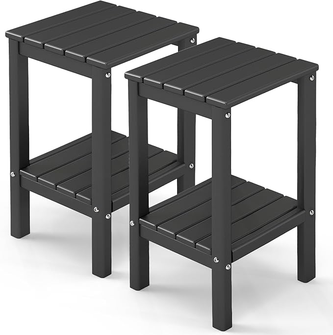 GREENVINES Tall-Outdoor-Side-Table Set of 2 | 23.5" | HDPE Plastic | Patio Adirondack End Tables | All Weather | 2-Tier | Black | for Porch Garden Indoor & Rocking Chairs