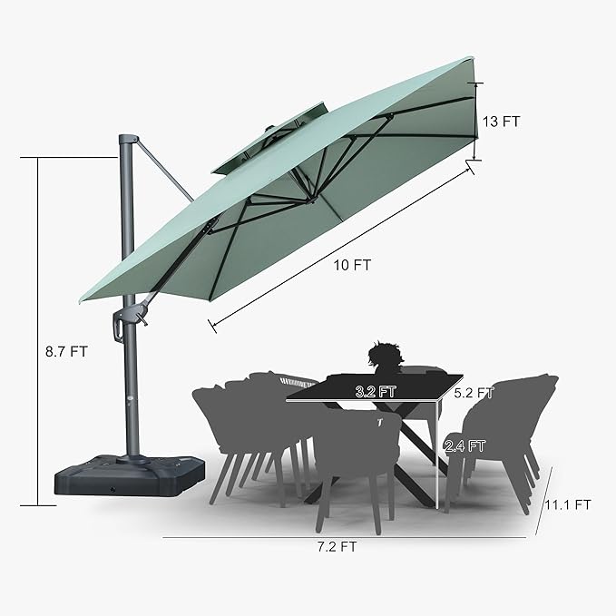 PURPLE LEAF 10' X 13' Double Top Cantilever Patio Umbrella Deluxe Large Outdoor Umbrella Rectangle Offset Umbrella with Fade Resistance for Garden Deck Pool Patio, Mint Green